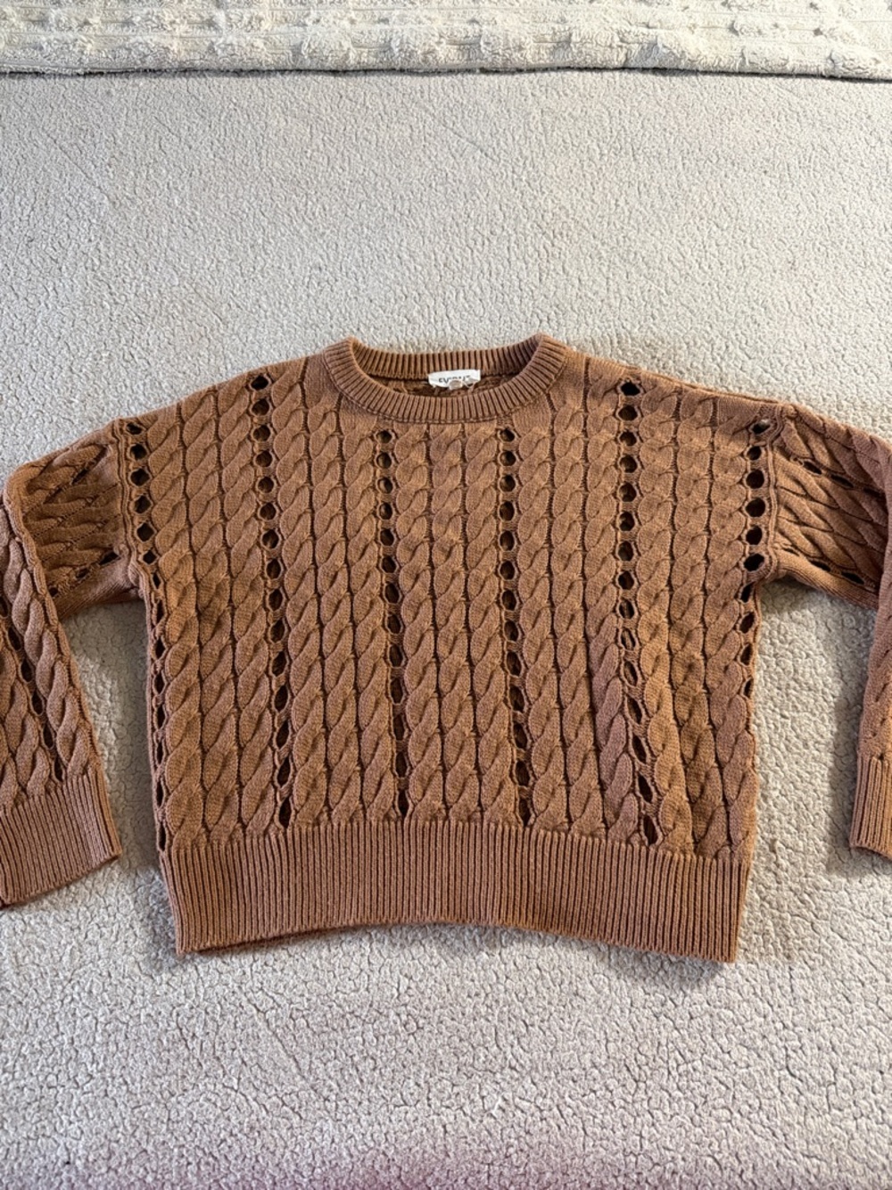 Evidnt by Anthropologie Open-Stitch Crewneck Sweater in Camel Small